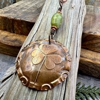 Shamrock Pendant, Connemara Marble Necklace, Irish Celtic Spirals, Copper 7th Anniversary, Irish Clover, Leather Vegan Cords, Heart Love