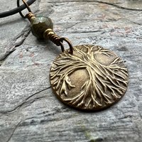 Tree of Life Charm, Bronze Necklace, Tree Branches, Czech Glass Bead, Disc Charm Pendant, Hand Carved, Celtic Witch, Pagan Druid, Earth Love