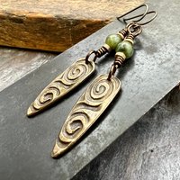 Bronze Shield Earrings, Irish Celtic Spiral, Connemara Marble, Hypoallergenic Ear Wires, Dagger Teardrop, Tribal Earthy Jewelry, Handmade