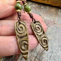Bronze Shield Earrings, Irish Celtic Spiral, Connemara Marble, Hypoallergenic Ear Wires, Dagger Teardrop, Tribal Earthy Jewelry, Handmade