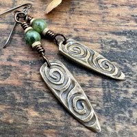 Bronze Shield Earrings, Irish Celtic Spiral, Connemara Marble, Hypoallergenic Ear Wires, Dagger Teardrop, Tribal Earthy Jewelry, Handmade