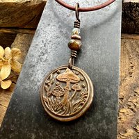 Mushroom Copper Pendant, Wax Seal Charm, Czech Glass Beads, Green Witch Jewelry, Earthy Rustic, Fungi Necklace, Leather and Vegan Cords