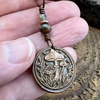 Mushroom Copper Pendant, Wax Seal Charm, Czech Glass Beads, Green Witch Jewelry, Earthy Rustic, Fungi Necklace, Leather and Vegan Cords
