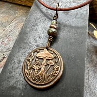 Mushroom Copper Pendant, Wax Seal Charm, Czech Glass Beads, Green Witch Jewelry, Earthy Rustic, Fungi Necklace, Leather and Vegan Cords