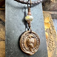 Raven Copper Pendant, Irish Celtic, Czech Glass, Leather & Vegan Cords, Corvids Bird Lovers, Handmade Art Jewelry, Celtic Witch, Messengers