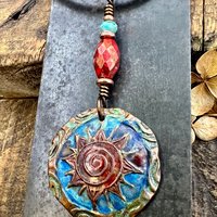 Celtic Sun Spiral Necklace, Copper Patina Pendant, Czech Glass Beads, Irish Celtic Spirals, Colorful Sun, Blue Red, Pagan Celtic Witch Gift