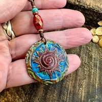 Celtic Sun Spiral Necklace, Copper Patina Pendant, Czech Glass Beads, Irish Celtic Spirals, Colorful Sun, Blue Red, Pagan Celtic Witch Gift