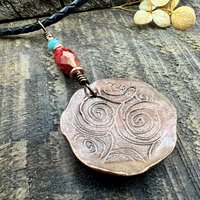 Celtic Sun Spiral Necklace, Copper Patina Pendant, Czech Glass Beads, Irish Celtic Spirals, Colorful Sun, Blue Red, Pagan Celtic Witch Gift