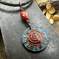 Celtic Sun Spiral Necklace, Copper Patina Pendant, Czech Glass Beads, Irish Celtic Spirals, Colorful Sun, Summer Jewelry, Pagan Celtic Witch