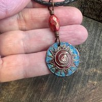 Celtic Sun Spiral Necklace, Copper Patina Pendant, Czech Glass Beads, Irish Celtic Spirals, Colorful Sun, Summer Jewelry, Pagan Celtic Witch