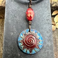 Celtic Sun Spiral Necklace, Copper Patina Pendant, Czech Glass Beads, Irish Celtic Spirals, Colorful Sun, Summer Jewelry, Pagan Celtic Witch