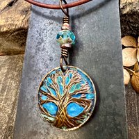 Tree of Life Pendant, Copper Colorful Patina, Connemara Marble, Hand Carved, Irish Celtic Spirals, Celtic Witch Goddess, Ancient Earthy Art