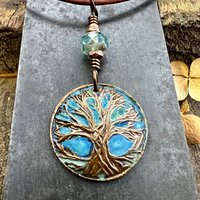 Tree of Life Pendant, Copper Colorful Patina, Connemara Marble, Hand Carved, Irish Celtic Spirals, Celtic Witch Goddess, Ancient Earthy Art