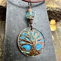Tree of Life Pendant, Copper Colorful Patina, Connemara Marble, Hand Carved, Irish Celtic Spirals, Celtic Witch Goddess, Ancient Earthy Art