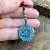 Tree of Life Pendant, Copper Colorful Patina, Connemara Marble, Hand Carved, Irish Celtic Spirals, Celtic Witch Goddess, Ancient Earthy Art