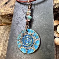 Celtic Sun Spiral Necklace, Copper Patina Pendant, Czech Glass Beads, Irish Celtic Spirals, Colorful Sun, Summer Jewelry, Pagan Celtic Witch