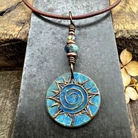 Celtic Sun Spiral Necklace, Copper Patina Pendant, Czech Glass Beads, Irish Celtic Spirals, Colorful Sun, Summer Jewelry, Pagan Celtic Witch