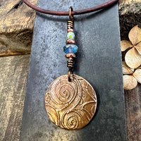 Celtic Sun Spiral Necklace, Copper Patina Pendant, Czech Glass Beads, Irish Celtic Spirals, Colorful Sun, Summer Jewelry, Pagan Celtic Witch