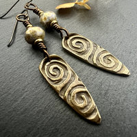 Bronze Shield Earrings, Celtic Spiral Texture, Czech Glass Beads, Hypoallergenic Ear Wires, Light Dangle Earrings, Teardrop Shield, Handmade