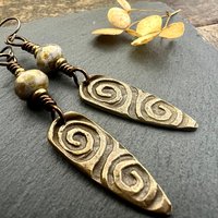 Bronze Shield Earrings, Celtic Spiral Texture, Czech Glass Beads, Hypoallergenic Ear Wires, Light Dangle Earrings, Teardrop Shield, Handmade