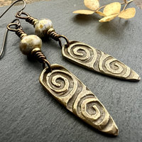 Bronze Shield Earrings, Celtic Spiral Texture, Czech Glass Beads, Hypoallergenic Ear Wires, Light Dangle Earrings, Teardrop Shield, Handmade