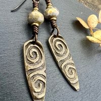 Bronze Shield Earrings, Celtic Spiral Texture, Czech Glass Beads, Hypoallergenic Ear Wires, Light Dangle Earrings, Teardrop Shield, Handmade