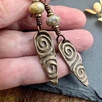 Bronze Shield Earrings, Celtic Spiral Texture, Czech Glass Beads, Hypoallergenic Ear Wires, Light Dangle Earrings, Teardrop Shield, Handmade