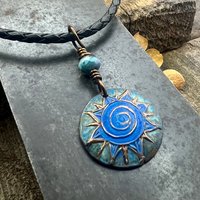 Celtic Sun Spiral Necklace, Copper Patina Pendant, Czech Glass Beads, Irish Celtic Spirals, Colorful Sun, Summer Jewelry, Pagan Celtic Witch