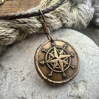 Compass Rose Charm, Bronze Compass Necklace, Nautical, Boats Sailing Sea, Protection Guidance Talisman, Men's Unisex Jewelry, Rustic Seaworn
