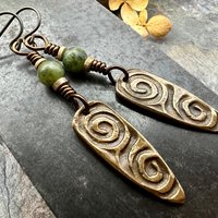 Bronze Shield Earrings, Irish Celtic Spiral, Connemara Marble, Hypoallergenic Ear Wires, Dagger Teardrop, Tribal Earthy Jewelry, Handmade