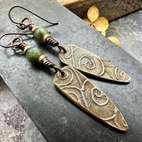 Bronze Shield Earrings, Irish Celtic Spiral, Connemara Marble, Hypoallergenic Ear Wires, Dagger Teardrop, Tribal Earthy Jewelry, Handmade