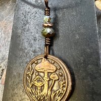 Mushroom Copper Pendant, Wax Seal Charm, Czech Glass Beads, Green Witch Jewelry, Earthy Rustic, Fungi Necklace, Leather and Vegan Cords
