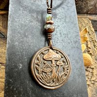 Mushroom Copper Pendant, Wax Seal Charm, Czech Glass Beads, Green Witch Jewelry, Earthy Rustic, Fungi Necklace, Leather and Vegan Cords