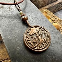 Mushroom Copper Pendant, Wax Seal Charm, Czech Glass Beads, Green Witch Jewelry, Earthy Rustic, Fungi Necklace, Leather and Vegan Cords