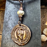 Raven Copper Pendant, Irish Celtic, Czech Glass, Leather & Vegan Cords, Corvids Bird Lovers, Handmade Art Jewelry, Celtic Witch, Messengers