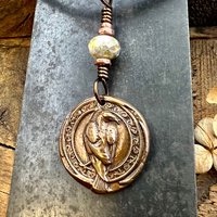 Raven Copper Pendant, Irish Celtic, Czech Glass, Leather & Vegan Cords, Corvids Bird Lovers, Handmade Art Jewelry, Celtic Witch, Messengers
