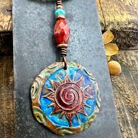 Celtic Sun Spiral Necklace, Copper Patina Pendant, Czech Glass Beads, Irish Celtic Spirals, Colorful Sun, Blue Red, Pagan Celtic Witch Gift
