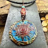 Celtic Sun Spiral Necklace, Copper Patina Pendant, Czech Glass Beads, Irish Celtic Spirals, Colorful Sun, Blue Red, Pagan Celtic Witch Gift