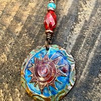 Celtic Sun Spiral Necklace, Copper Patina Pendant, Czech Glass Beads, Irish Celtic Spirals, Colorful Sun, Blue Red, Pagan Celtic Witch Gift