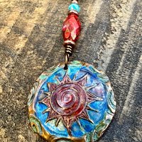 Celtic Sun Spiral Necklace, Copper Patina Pendant, Czech Glass Beads, Irish Celtic Spirals, Colorful Sun, Blue Red, Pagan Celtic Witch Gift