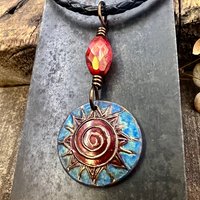 Celtic Sun Spiral Necklace, Copper Patina Pendant, Czech Glass Beads, Irish Celtic Spirals, Colorful Sun, Summer Jewelry, Pagan Celtic Witch