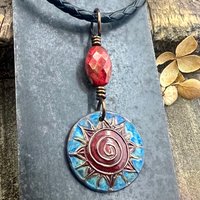 Celtic Sun Spiral Necklace, Copper Patina Pendant, Czech Glass Beads, Irish Celtic Spirals, Colorful Sun, Summer Jewelry, Pagan Celtic Witch