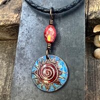 Celtic Sun Spiral Necklace, Copper Patina Pendant, Czech Glass Beads, Irish Celtic Spirals, Colorful Sun, Summer Jewelry, Pagan Celtic Witch