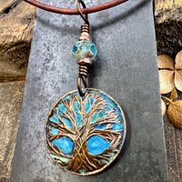 Tree of Life Pendant, Copper Colorful Patina, Connemara Marble, Hand Carved, Irish Celtic Spirals, Celtic Witch Goddess, Ancient Earthy Art