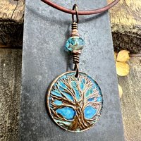 Tree of Life Pendant, Copper Colorful Patina, Connemara Marble, Hand Carved, Irish Celtic Spirals, Celtic Witch Goddess, Ancient Earthy Art