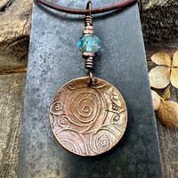Tree of Life Pendant, Copper Colorful Patina, Connemara Marble, Hand Carved, Irish Celtic Spirals, Celtic Witch Goddess, Ancient Earthy Art