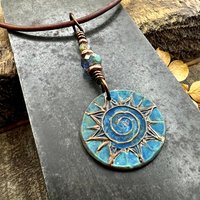 Celtic Sun Spiral Necklace, Copper Patina Pendant, Czech Glass Beads, Irish Celtic Spirals, Colorful Sun, Summer Jewelry, Pagan Celtic Witch