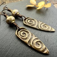 Bronze Shield Earrings, Celtic Spiral Texture, Czech Glass Beads, Hypoallergenic Ear Wires, Light Dangle Earrings, Teardrop Shield, Handmade
