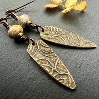 Bronze Shield Earrings, Celtic Spiral Texture, Czech Glass Beads, Hypoallergenic Ear Wires, Light Dangle Earrings, Teardrop Shield, Handmade