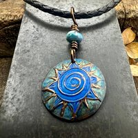 Celtic Sun Spiral Necklace, Copper Patina Pendant, Czech Glass Beads, Irish Celtic Spirals, Colorful Sun, Summer Jewelry, Pagan Celtic Witch
